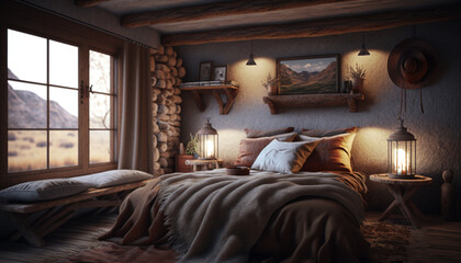 concept for cozy rustic bedroom. Generative AI