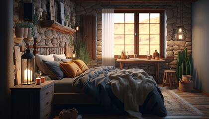 concept for cozy rustic bedroom. Generative AI