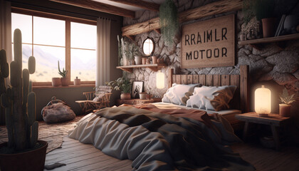 concept for cozy rustic bedroom. Generative AI