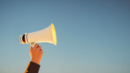 Megaphone in one hand against a neutral background / whispering bag / space for text. Copy Space, Blank Text.