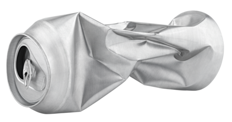 Crumpled empty blank soda or beer can garbage isolated on transparent background