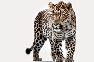 Panthera pardus, a portrait of a confidently standing leopard, is shown against a white background. Generative AI