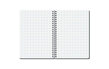 Open spiral notebook 3d dotted empty paper, blank page notepad with cover vector illustration. White blue notebook pages background to use in education, business, school projects. 