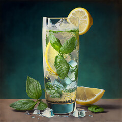 Full glass of sparkling fresh water with lemon and mint on dark background, generative AI content.