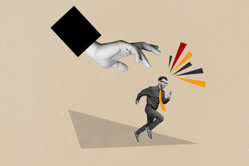 Creative drawing collage picture of hand boss chief catch little man run away escape scared afraid...