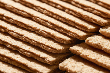 Close-up of stacks of many crispbread. Macro shot.