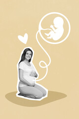 Pregnant woman sitting floor hugging her big abdomen healthy mama child think of future child artwork picture conceptual collage