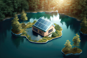 A lake with a house in the middle of the forest with solar panels.