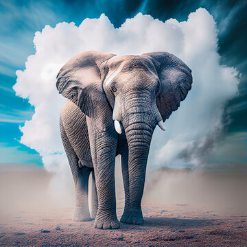 Funny animal concept, big wild elephant flying in the sky with thick white clouds. Elephant in the sky. Illustration, Generative AI.