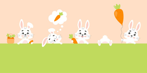 Set cute white funny rabbits with carrots. Bunny character. Cartoon vector illustration.