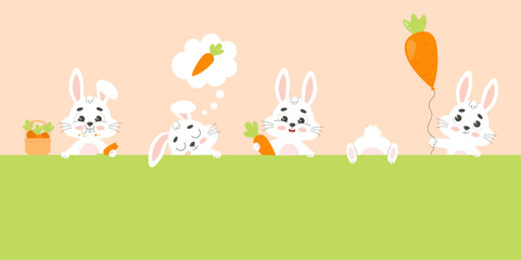 Fototapeta premium Set cute white funny rabbits with carrots. Bunny character. Cartoon vector illustration.