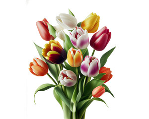 A bouquet of tulips of various colors on a transparent background