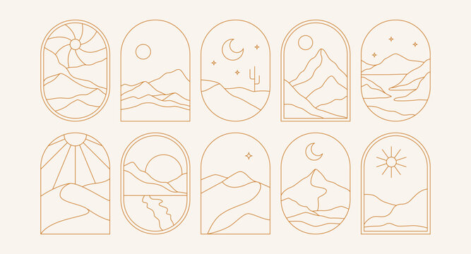 Minimal boho landscape frame. Trendy linear bohemian windows desert mountain moon sun for logo tattoo. Vector line set