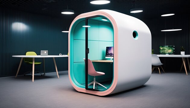 Futuristic empty office pod capsule room for concentrate work in silence, online negotiation in futuristic self contained room in open space office, focus task work with issues, generative AI