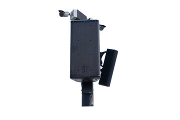 CCTV security cameras with motion detectors and loudspeakers black wireless transceiver. Isolated on cutout PNG. Accidents prevent theft. Cameras can record events such as traffic