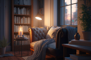 cozy reading nook in corner living room. Generative AI