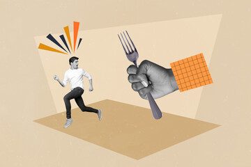 Creative drawing collage picture of frightened little man running escape big hand hold fork...