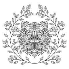 Fototapete Rund Hand drawn of tiger head with flower frame in zentangle style © Ciputra
