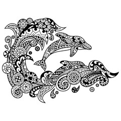 Hand drawn of twin dolphin in zentangle style