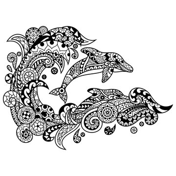 Hand drawn of twin dolphin in zentangle style