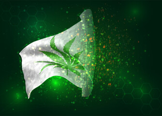 Сannabis, on vector 3d flag on green background with polygons and data numbers