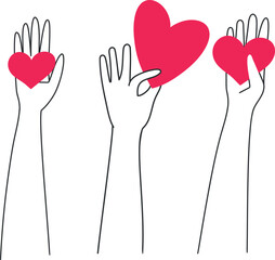 Simple hand drawn hands with hearts. Symbol of love and peace. Giving love. Vector art
