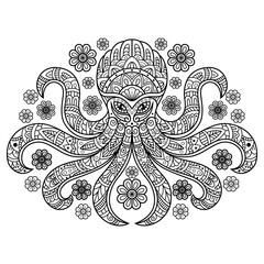 Hand drawn of kraken in zentangle style