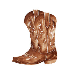 Watercolor cowboy boots. Farmhouse rastic clipart. Wils West illustration.