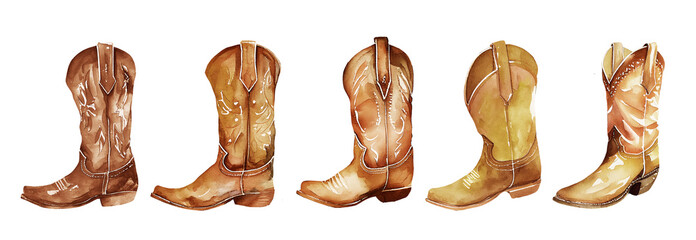 Watercolor cowboy boots. Farmhouse rastic clipart. Wils West illustration.