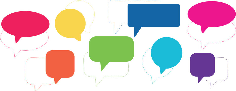 Set of colorful speech bubbles dupplicated with dotted line. Communication and conversation concept. Vector art