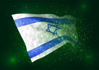 Israel, on vector 3d flag on green background with polygons and data numbers