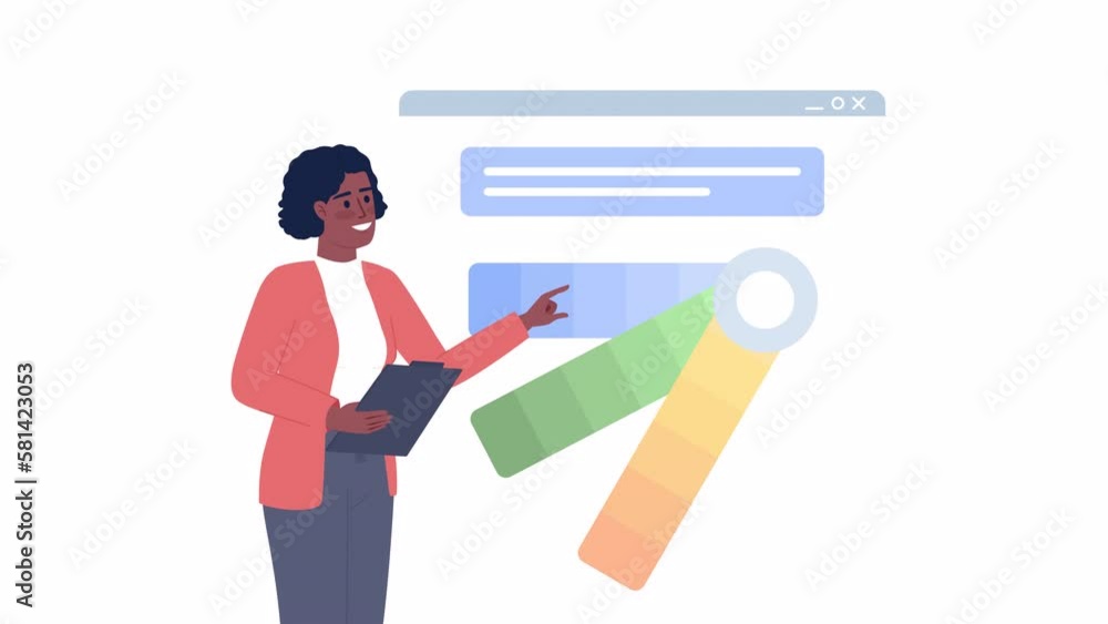 Poster animated website color scheme. web designer picking attractive colors for webpage 2d cartoon flat ch