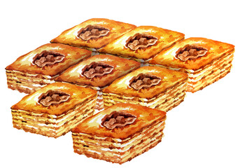 group of watercolor oriental sweets, illustration of traditional turkish sweets, baklava with honey and nuts, hand drawn sketch