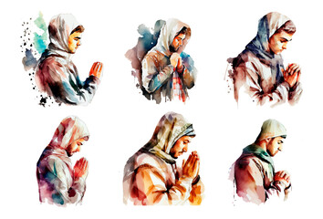 set vector watercolor illustration of muslim man praying ramadan concept