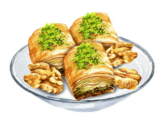 watercolor oriental sweets on a glass tea saucer, illustration of traditional turkish sweets, baklava with honey and nuts, hand drawn sketch