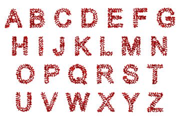 The English alphabet made entirely of red blood cells, featuring their unique biconcave shape and textured surface, 3D illustration