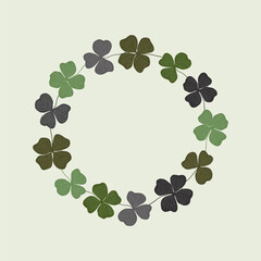 Clover wreath. Round frame of hand drawn clover leaves. St. Patrick day background. Vector flat illustration.