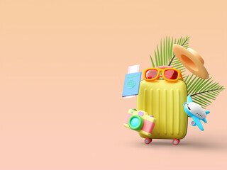 Cute cartoon style colorful travel concept with copy space isolated on gradient orange color background with clipping path 3d render illustration