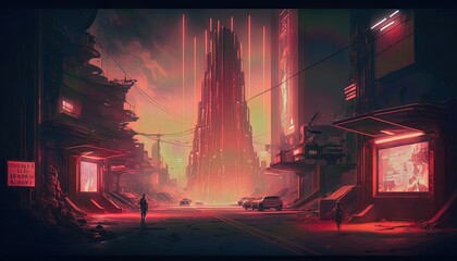 Scifi destructive world environment, red hellish atmosphere.