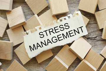 Stress Management. text on torn paper on wooden cubes.