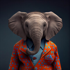 Realistic lifelike, cute elephant in striking, colorful, animal, outfit suit, commercial Generative AI