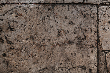 Old aged damaged marble bumpy uneven blocks. Trip pitted grunge granite tile cobble. Cragged grimy retro cranny frayed run track. Crannied dirtied shabby smashed gaping rustic big holes for 3d design