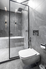 Modern furnished bathroom dark grey interior design with granite tiles