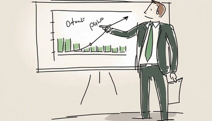 ボードのグラフを挿してる緑色のジャケットの男性 Generative AI