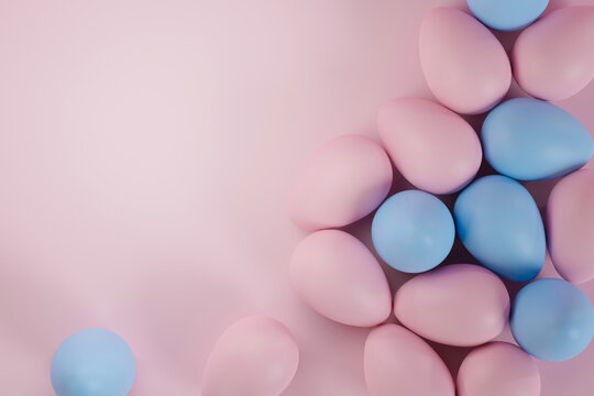 Easter eggs on pink background top view. easter concept. 3d illustration.