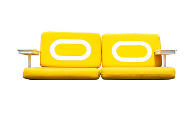 Yellow sit cushions twin isolated on cutout PNG. Upholstered loveseat with armrests and seat...