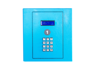 Vending hand pushing button alphabet, numbers, arrows and hashtag on vending machine operation panel keyboard blue. Self, technology and consumption concept. isolated on cutout PNG.