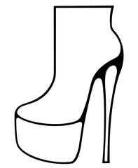 Stylized shoe on a high platform. Sketch, black and white drawing. A fashion accessory. For flyers, advertising, shops, decoration.	