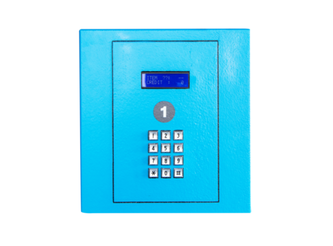 Vending hand pushing button alphabet, numbers, arrows and hashtag on vending machine operation panel keyboard blue. Self, technology and consumption concept. isolated on cutout PNG.