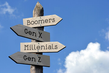 Boomers, Gen X, Millenials, Gen Z - wooden signpost with four arrows, sky with clouds - obrazy, fototapety, plakaty